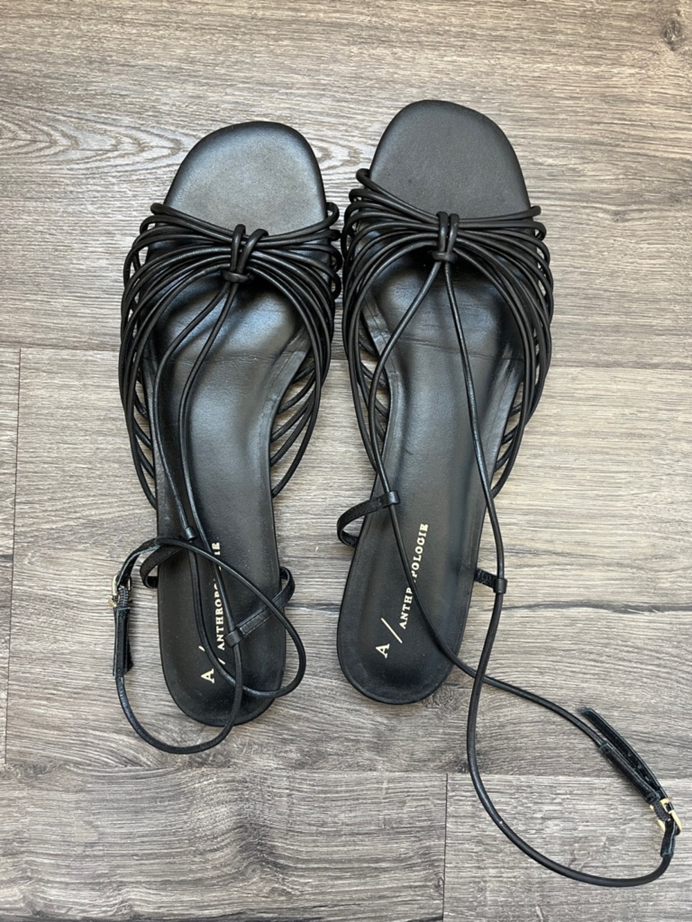 Anthropologie Black Knotted Multi-Strap Ankle Tie Sandals
